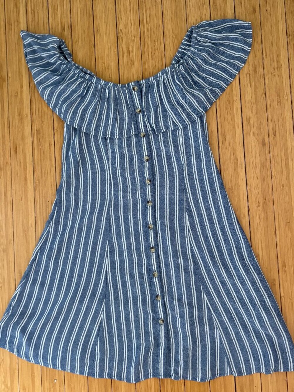NWT American Eagle Outfitters Blue Striped Off-Shoulder Ruffle Mini Dress XS